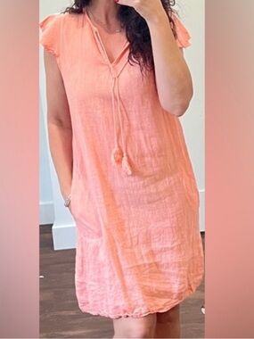 EUC Valentina Naldi Dress Medium 100% Linen Made in Italy - Coral - Pockets